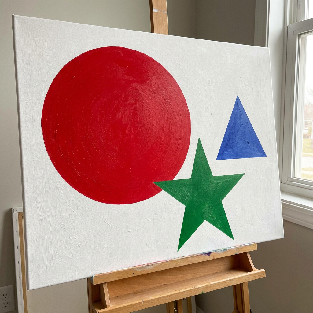 A large red circle, a small blue triangle, and a medium gree
