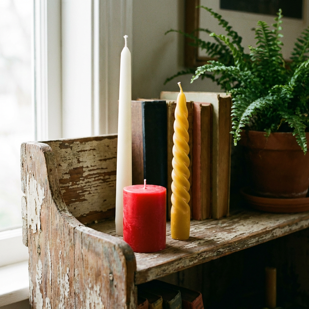 A tall thin white candle, a short fat red candle, and a medi