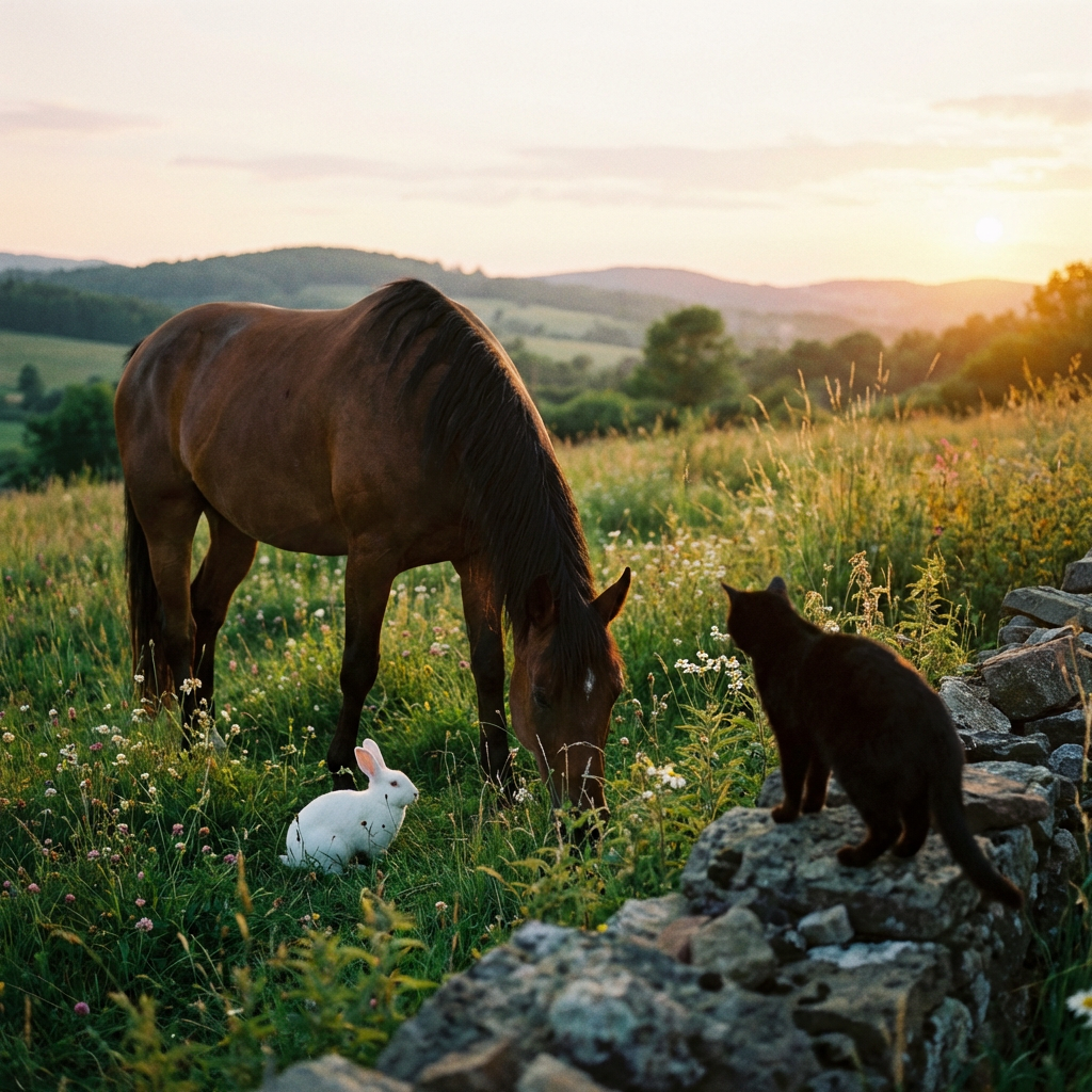 A big brown horse, a small white rabbit, and a medium-sized 