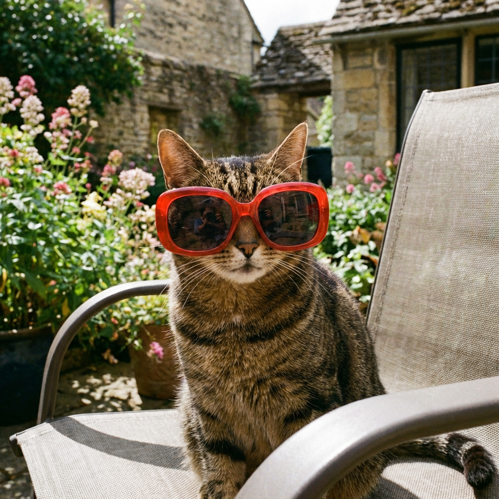 A tabby cat wearing oversized red sunglasses