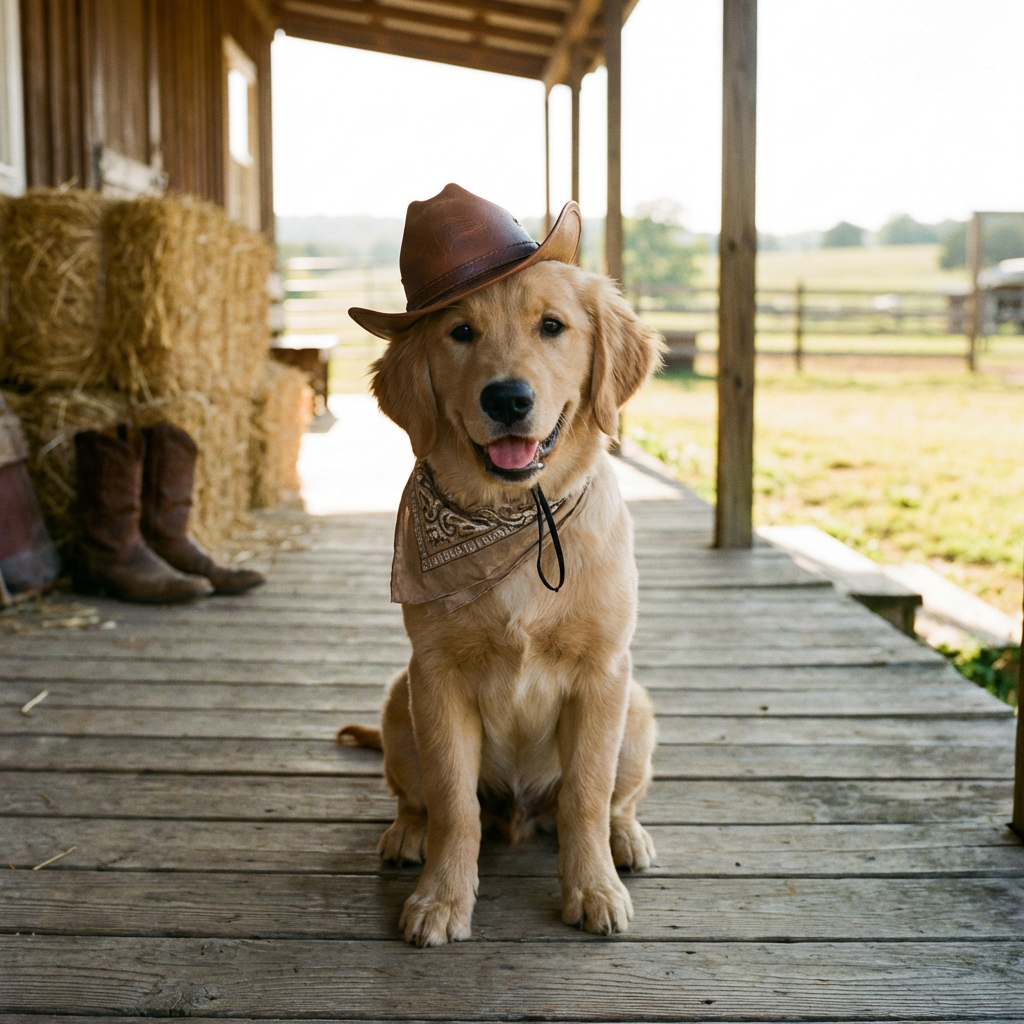 A golden retriever wearing a tiny cowboy hat