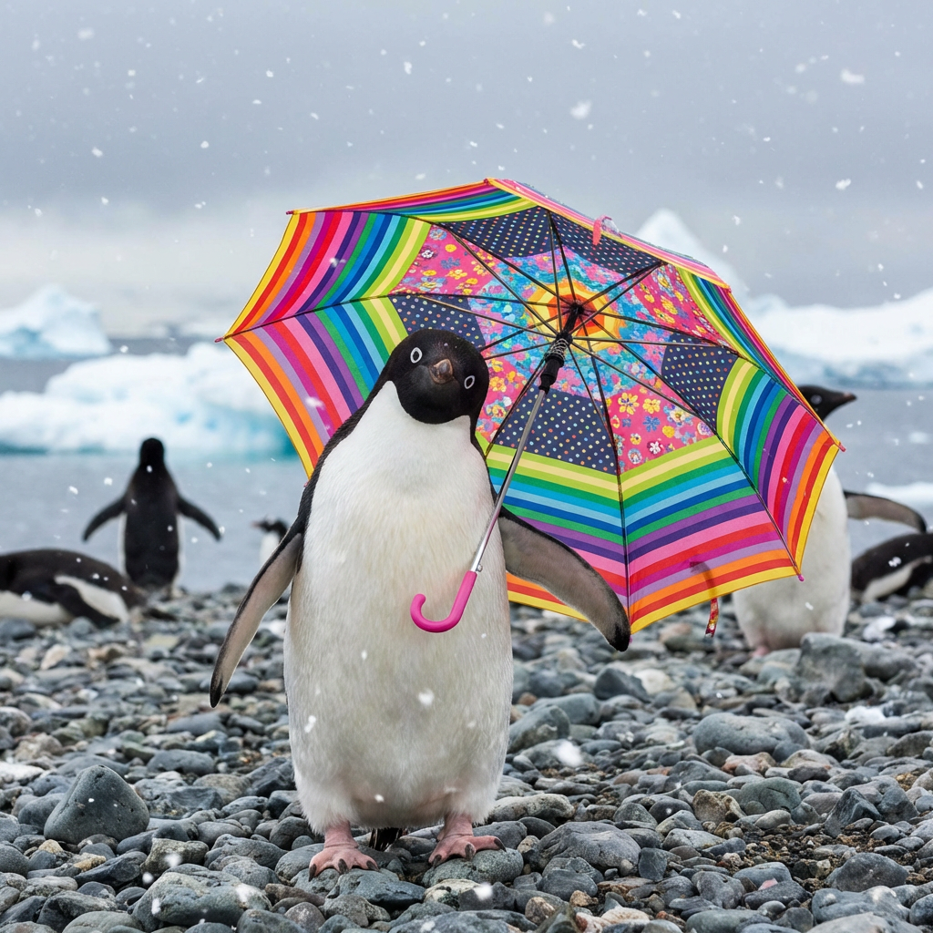 A penguin holding a colorful umbrella