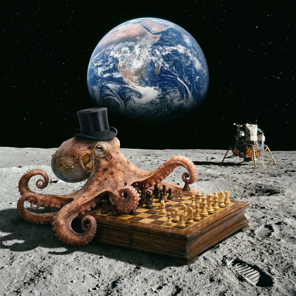 An octopus wearing a top hat and monocle playing chess on th
