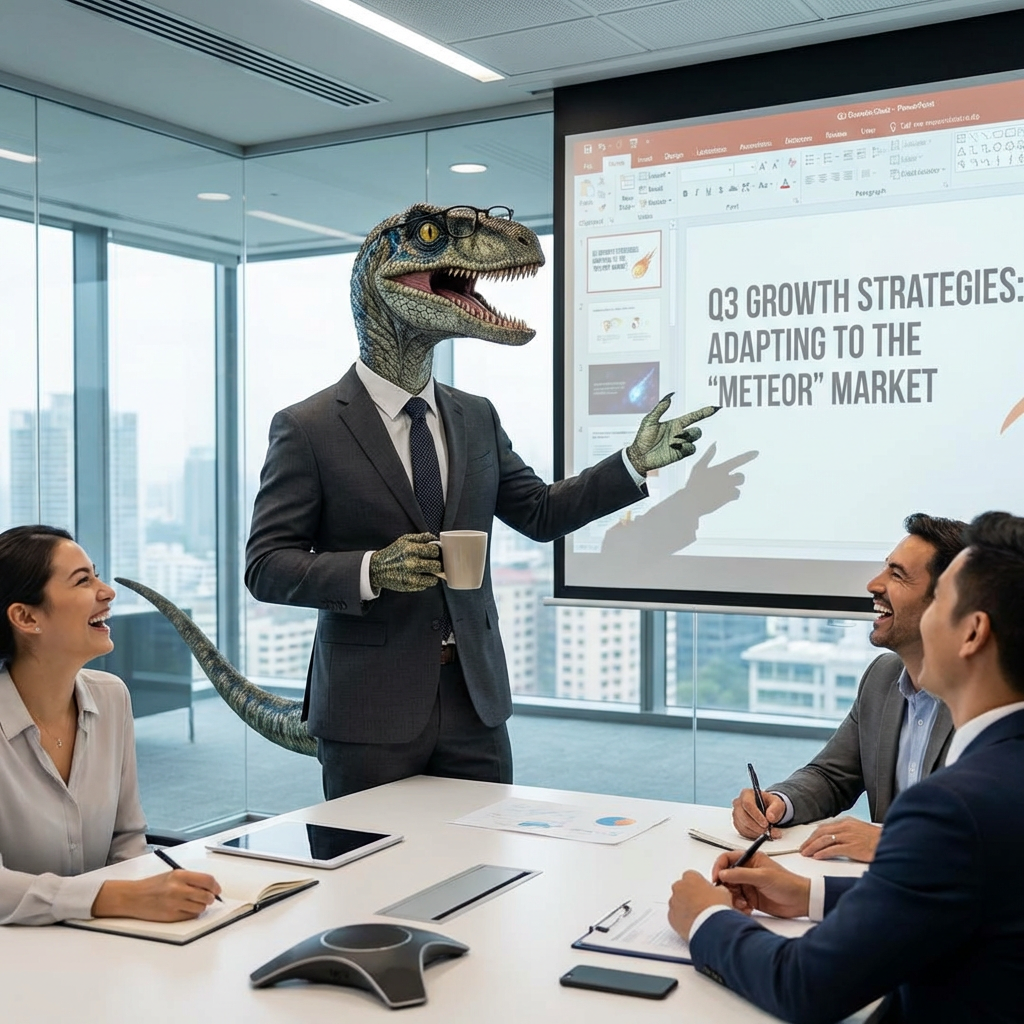 A dinosaur in a business suit giving a PowerPoint presentati