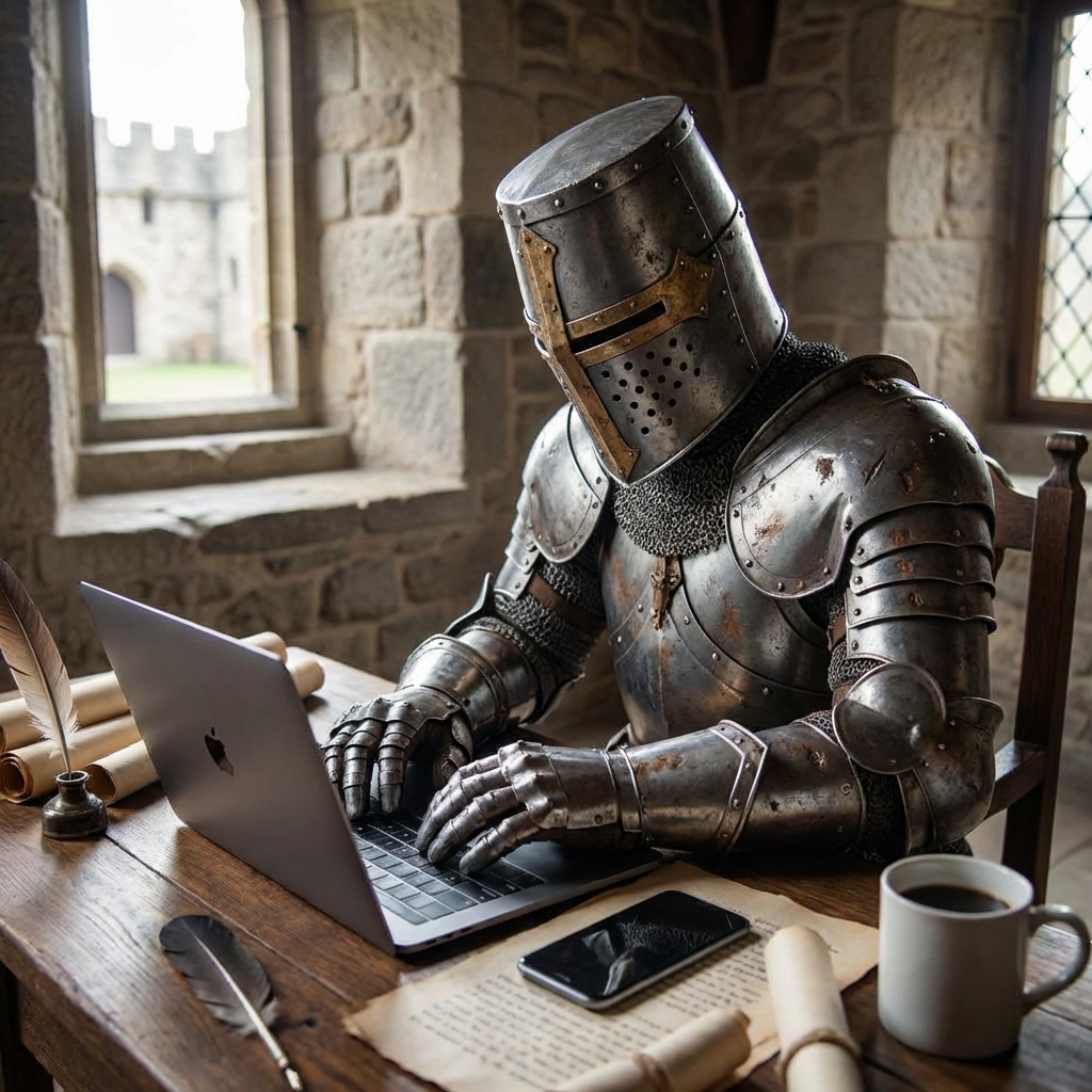 A medieval knight in full armor sitting at a desk typing on 