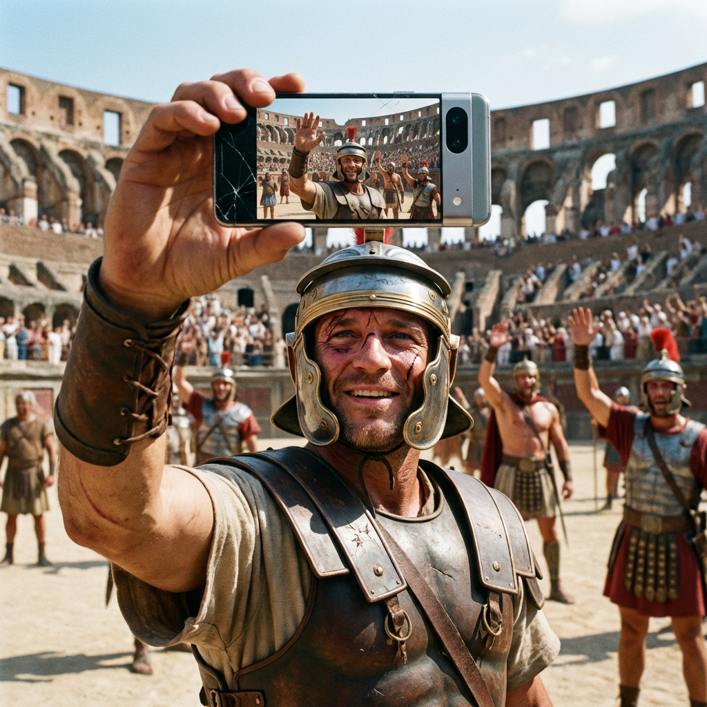 A Roman gladiator taking a selfie with a smartphone in the C