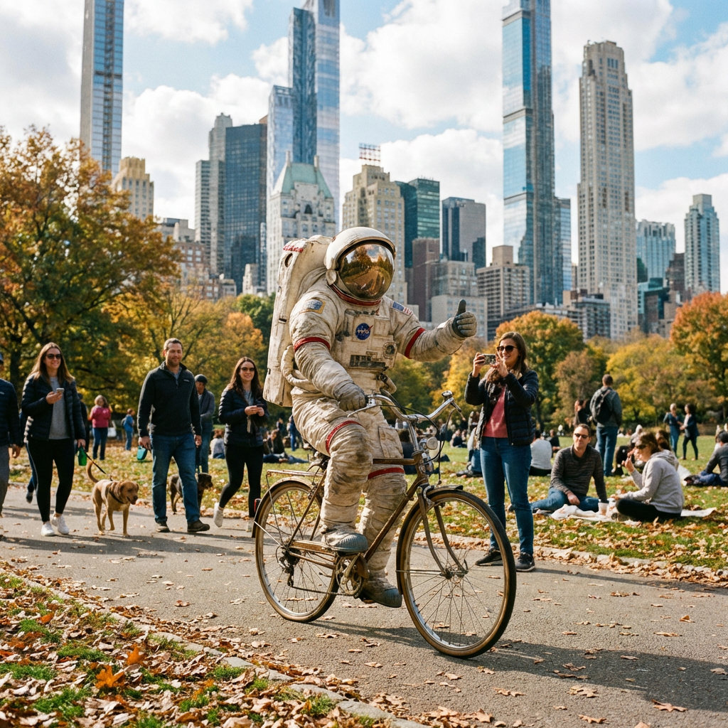 An astronaut in a spacesuit riding a bicycle through a park