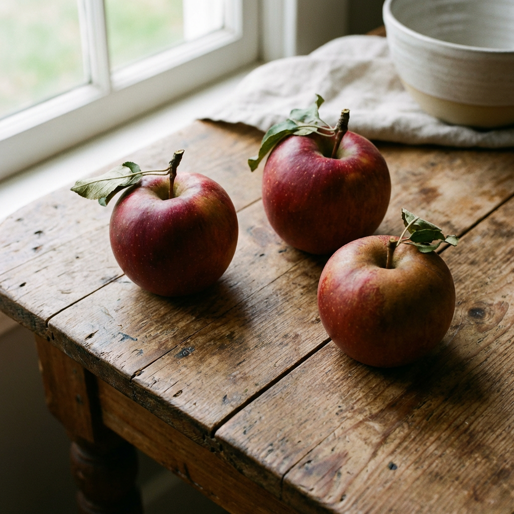 Exactly 3 red apples arranged on a wooden table