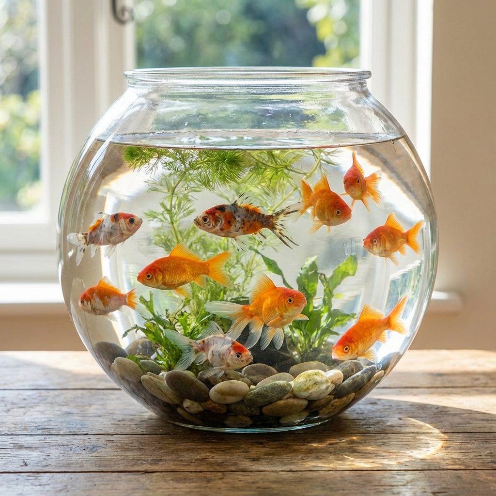 Exactly 9 goldfish swimming in a large round fishbowl