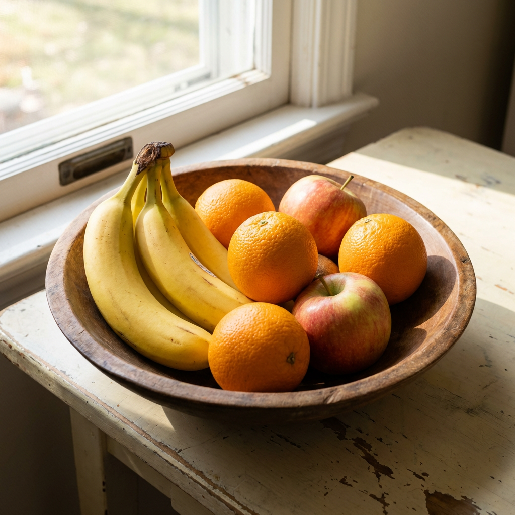 A fruit bowl containing exactly 3 bananas, 4 oranges, and 2 