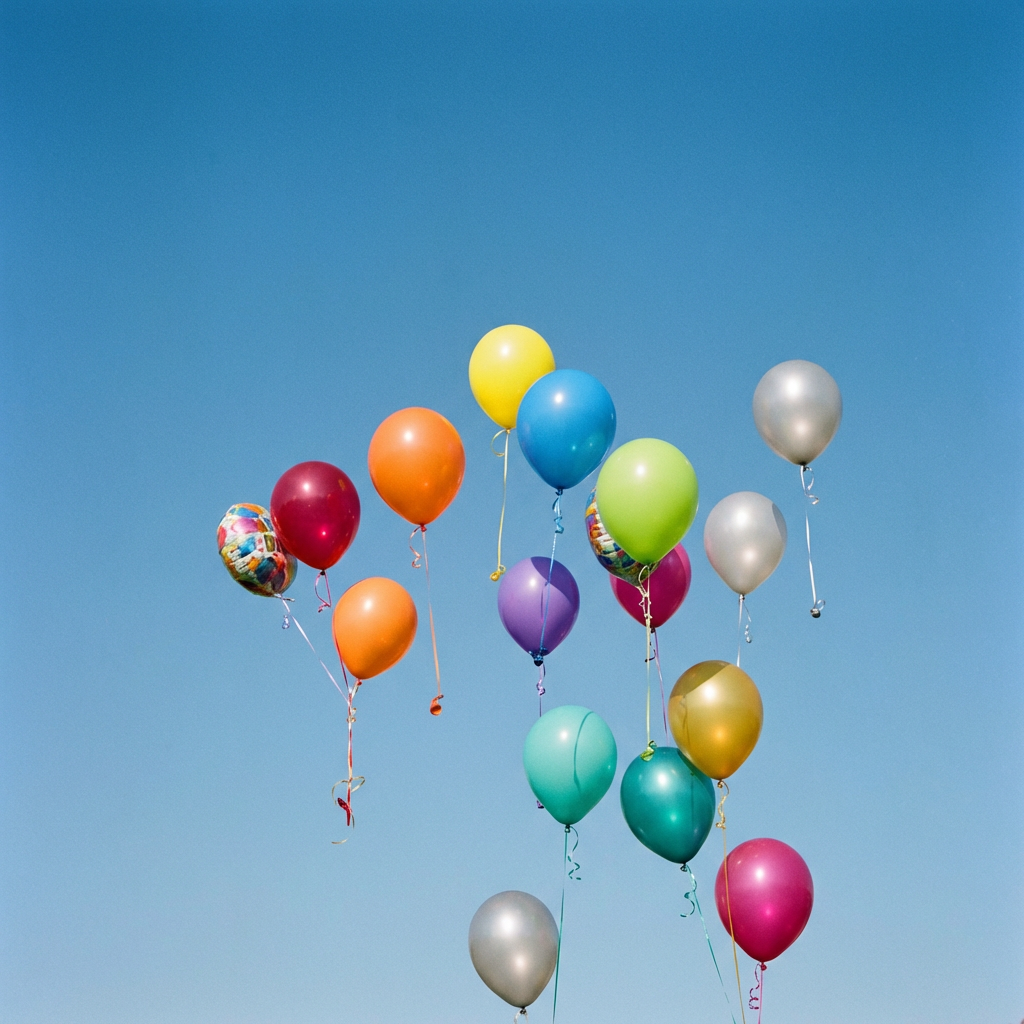 Exactly 11 colorful balloons floating against a clear blue s