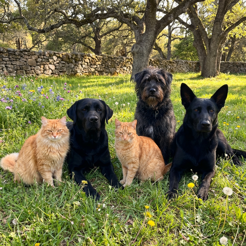 2 orange cats and 3 black dogs sitting together on a grassy 