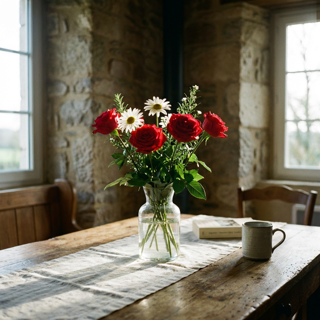 4 red roses and 2 white daisies in a glass vase on a table