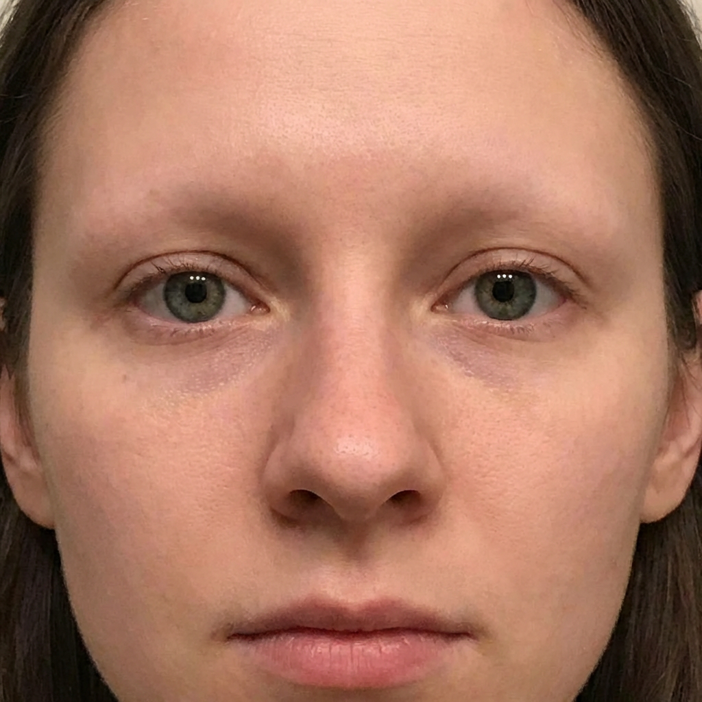 A human face with eyes, nose, and mouth but no eyebrows