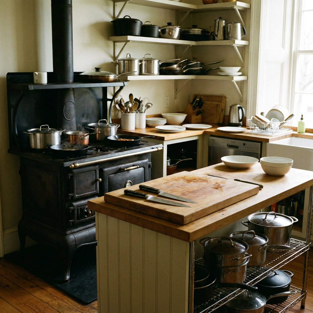A kitchen with pots, pans, a stove, and a cutting board but 
