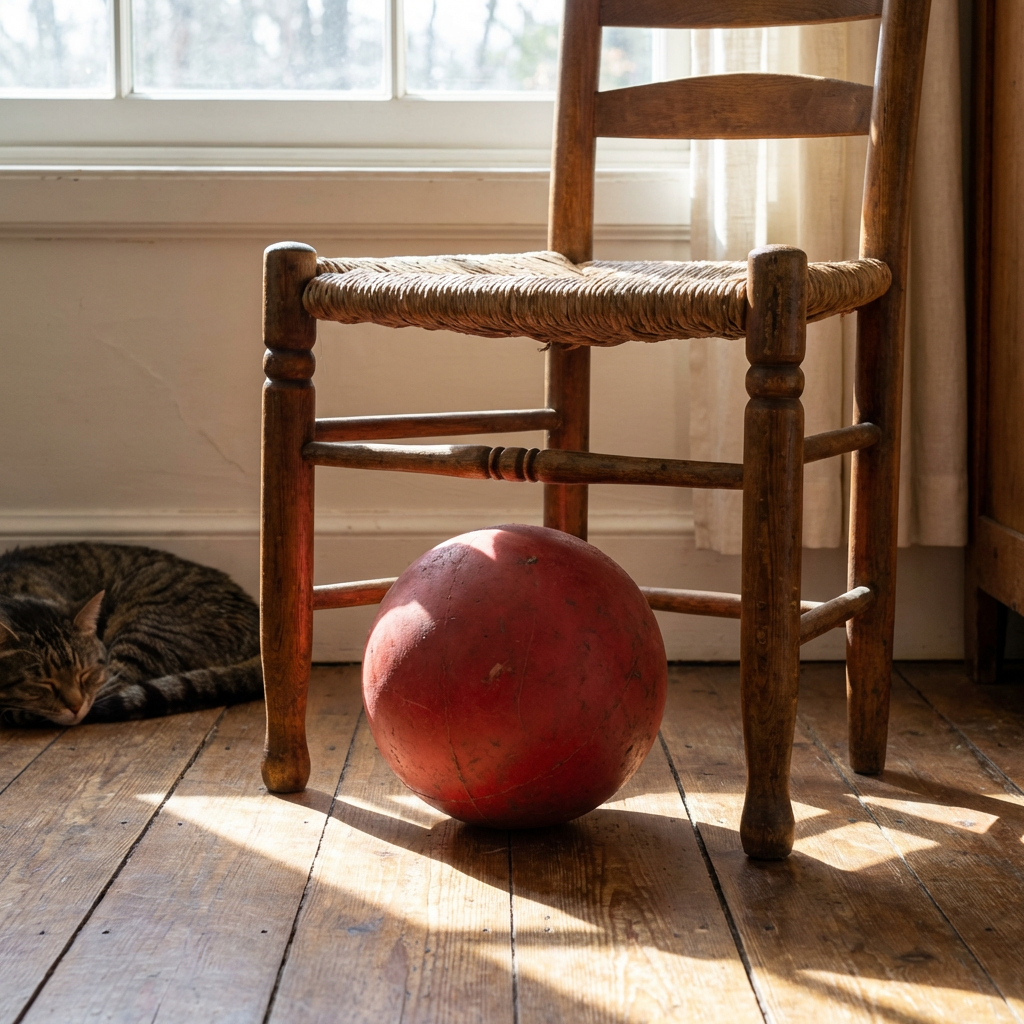 A red ball underneath a wooden chair