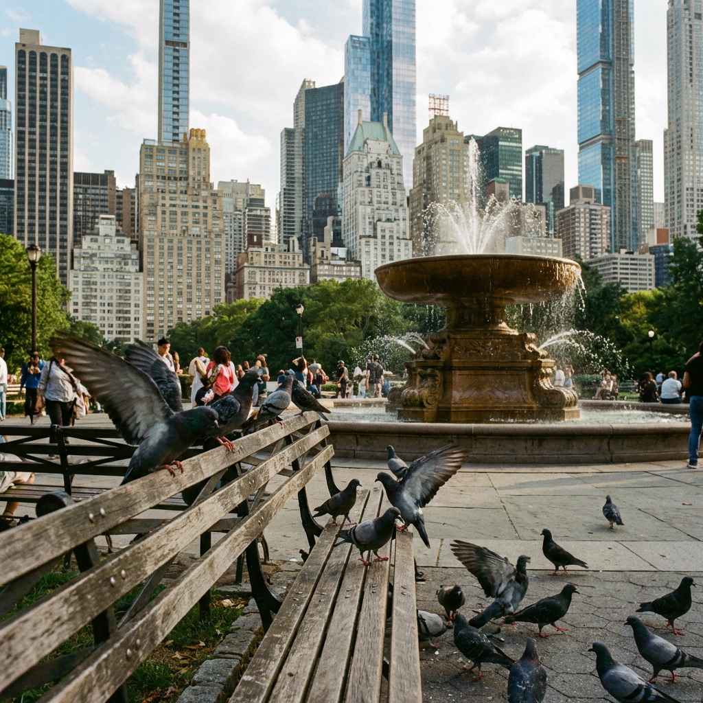 A city park with a park bench and pigeons in the foreground,