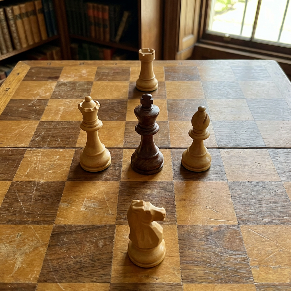 Five chess pieces on a board: a king in the center, a queen 