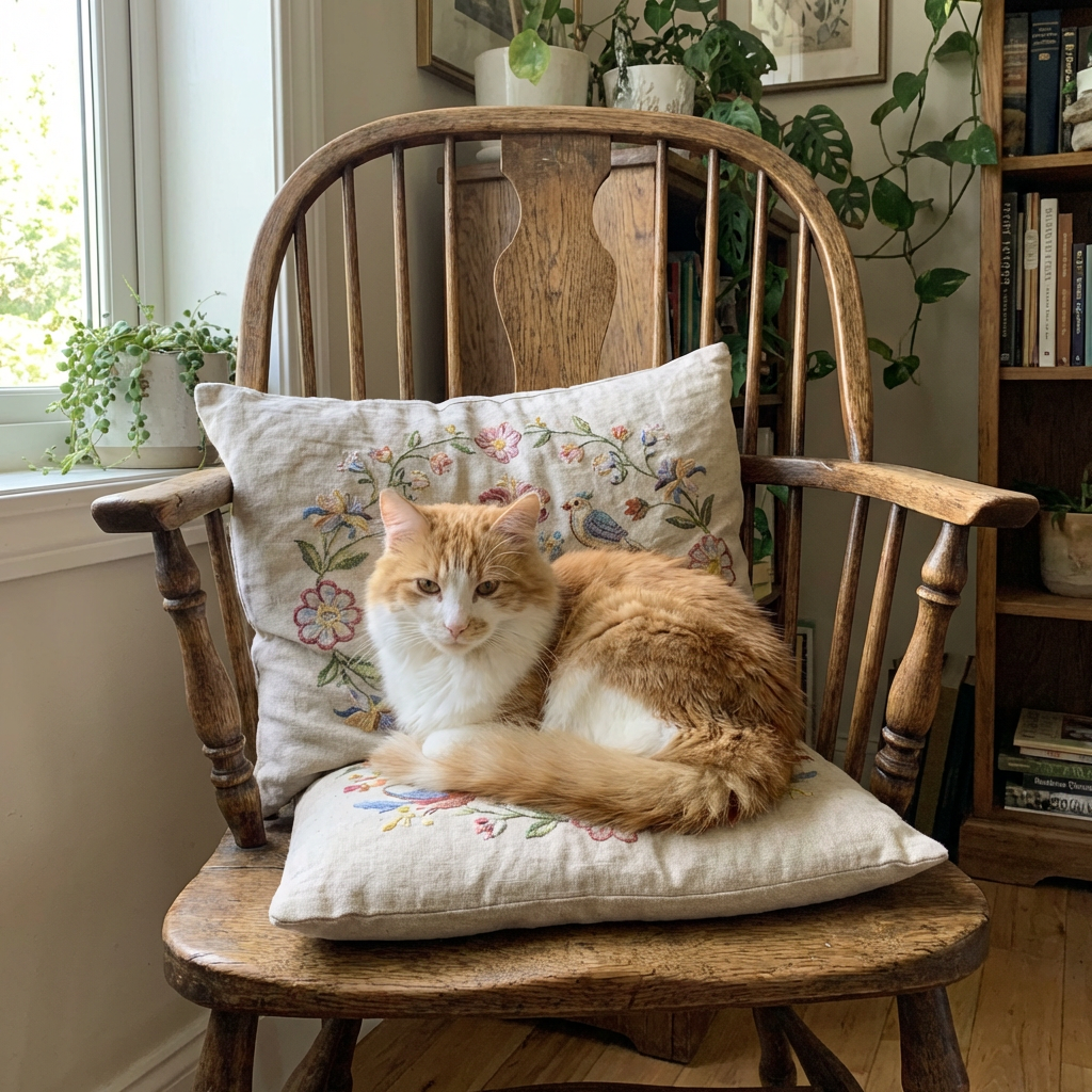 A cat sitting on a pillow, the pillow placed on a wooden cha