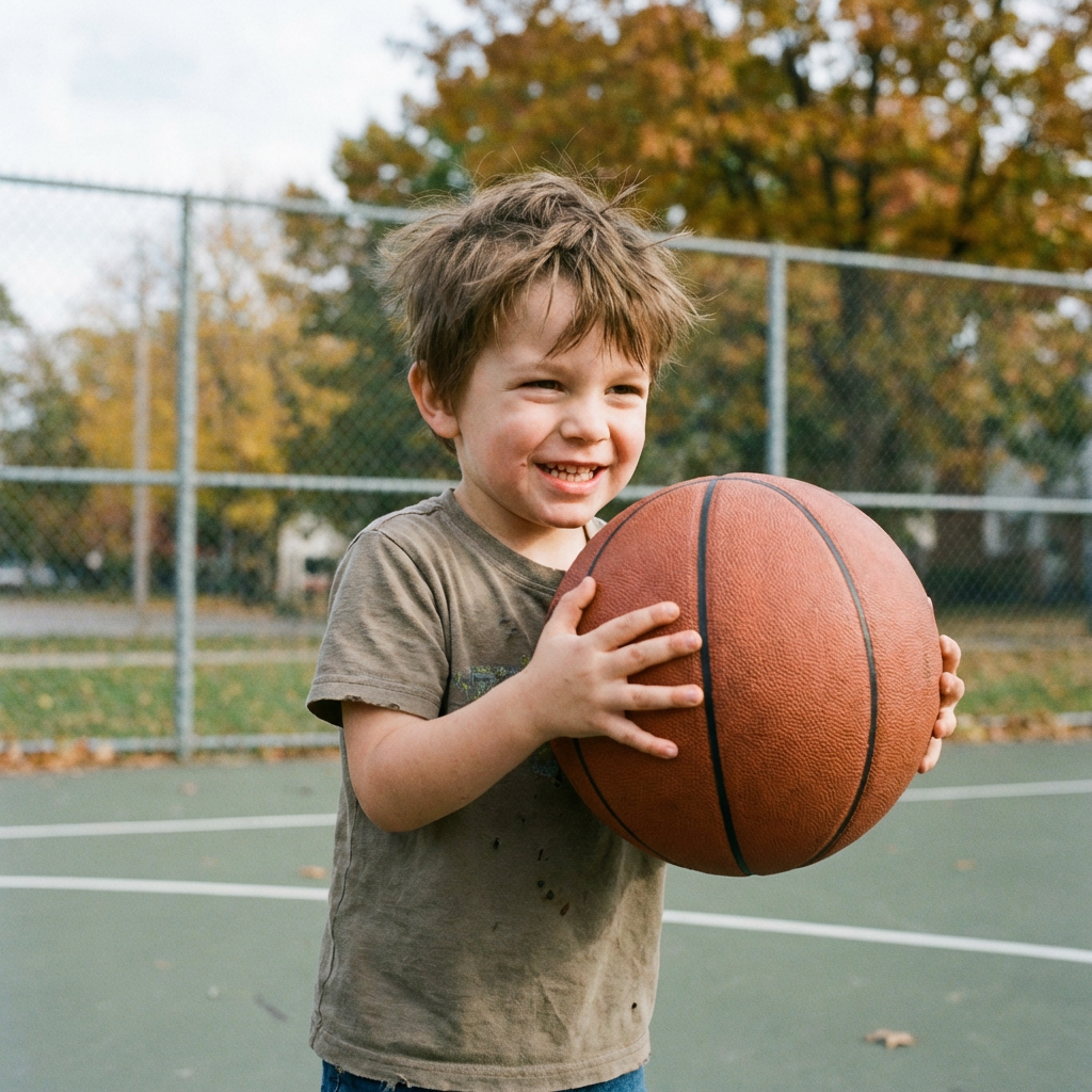 A child holding a basketball, both at correct relative sizes