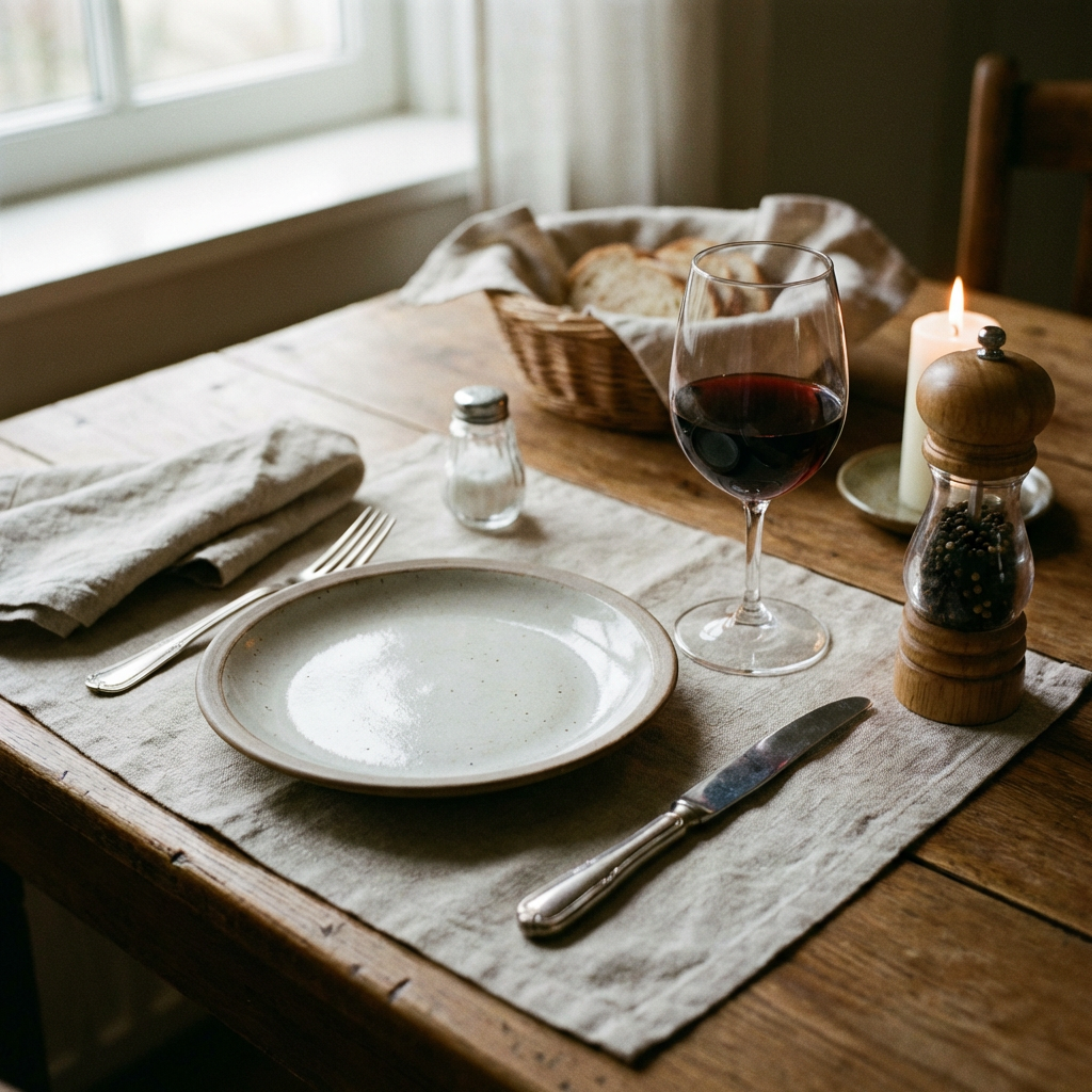 A dinner table scene with a plate, fork, knife, wine glass, 