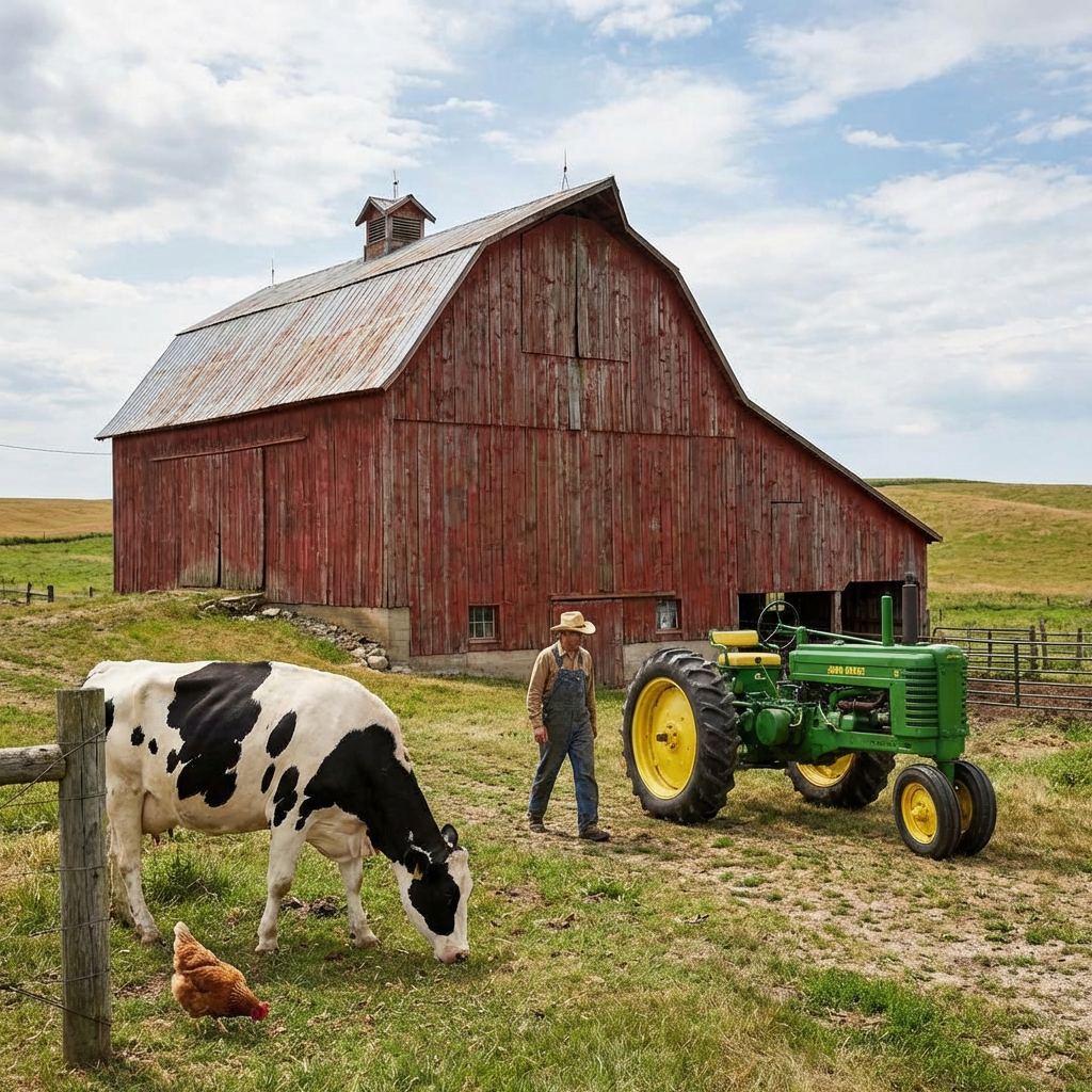 A farm scene with a barn, tractor, farmer, cow, chicken, and