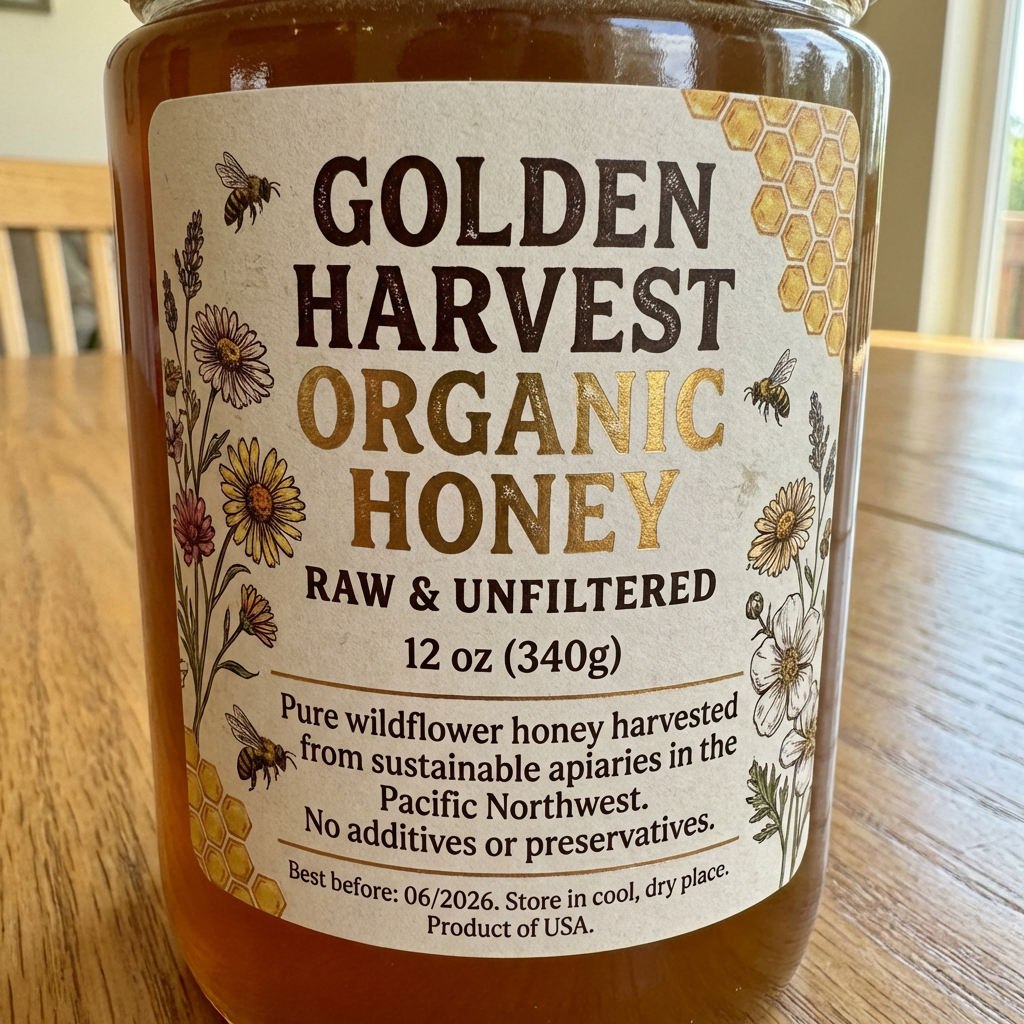 A product label for 'GOLDEN HARVEST ORGANIC HONEY' with subt