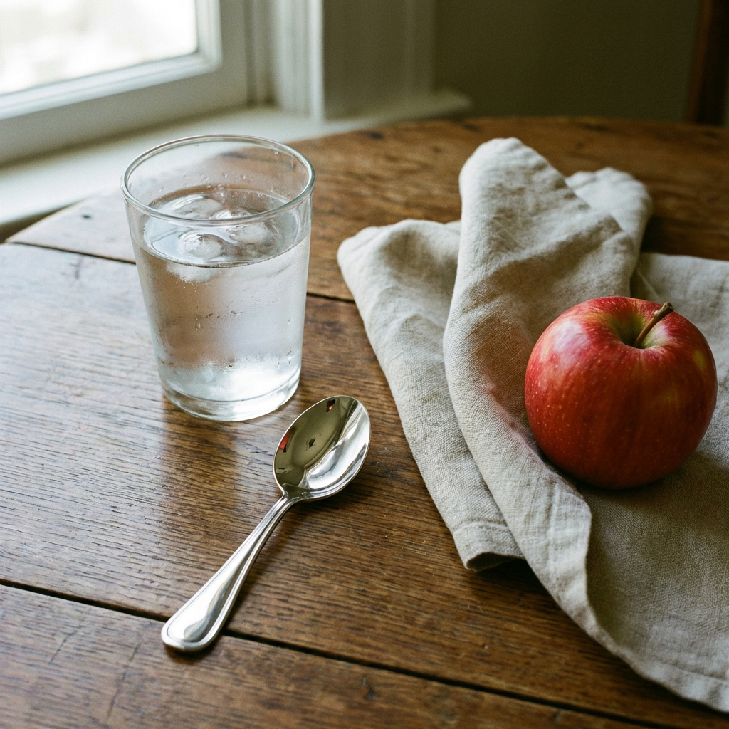 A still life on a wooden table featuring a clear glass of wa