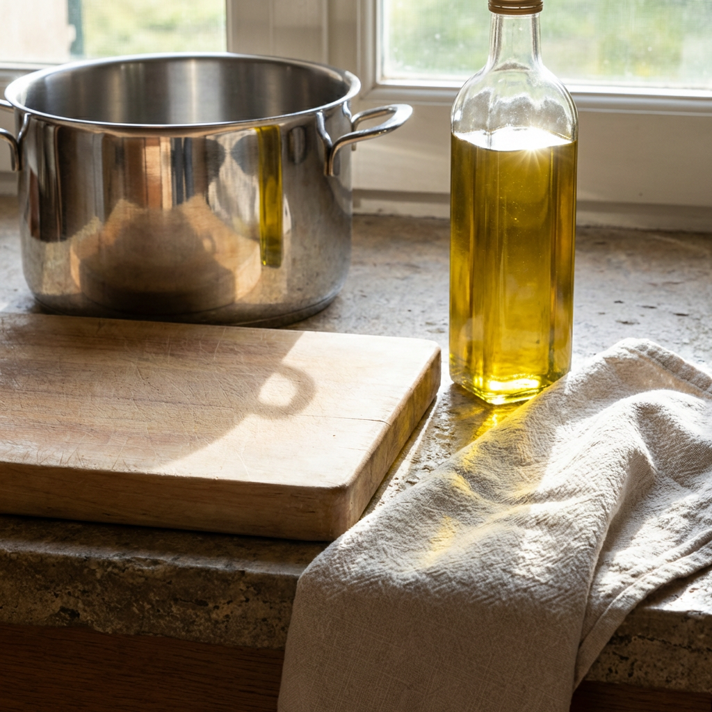A kitchen counter with a stainless steel pot, a wooden cutti