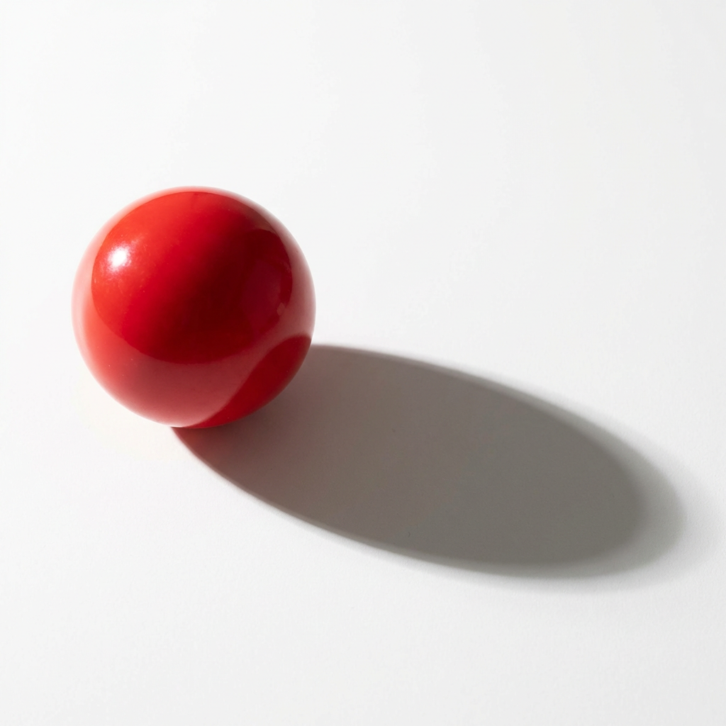 A red sphere on a white surface with a single shadow cast to