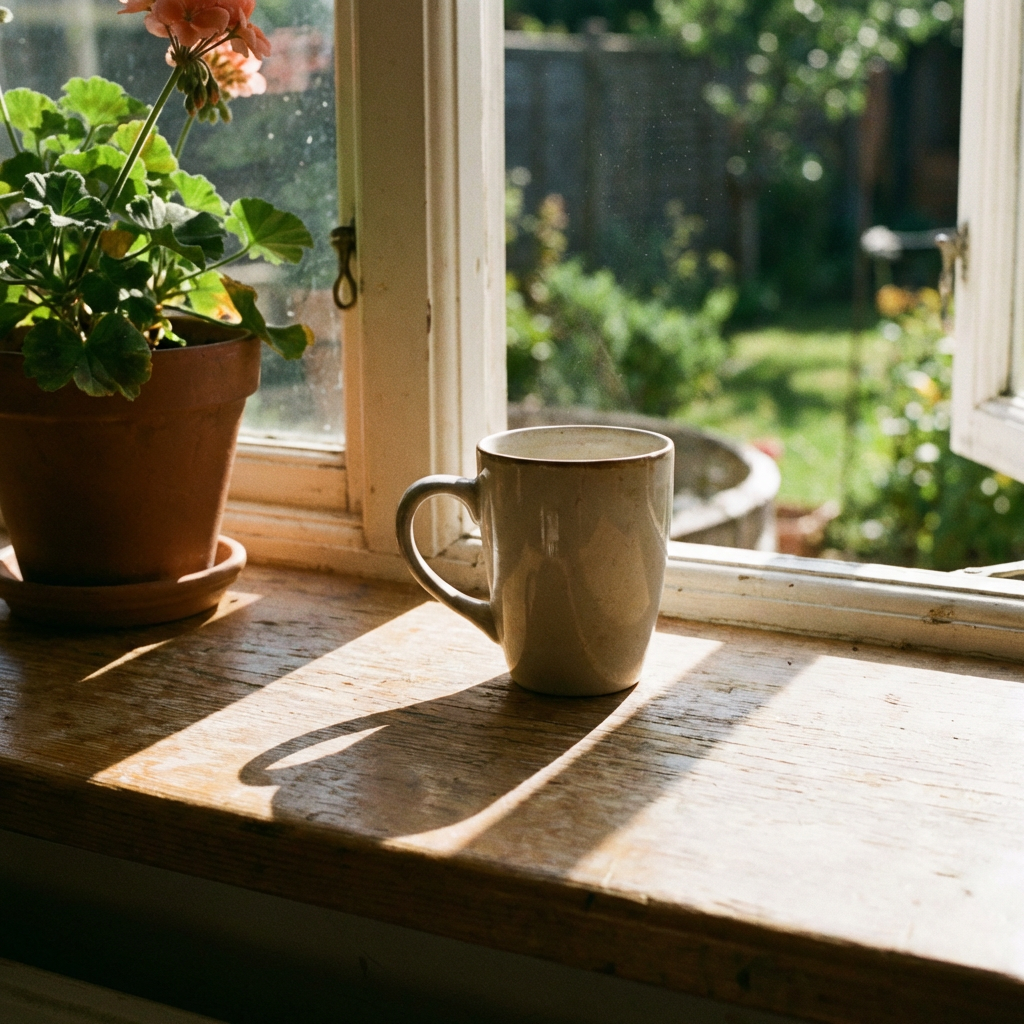 A coffee mug on a sunny windowsill casting a sharp shadow to