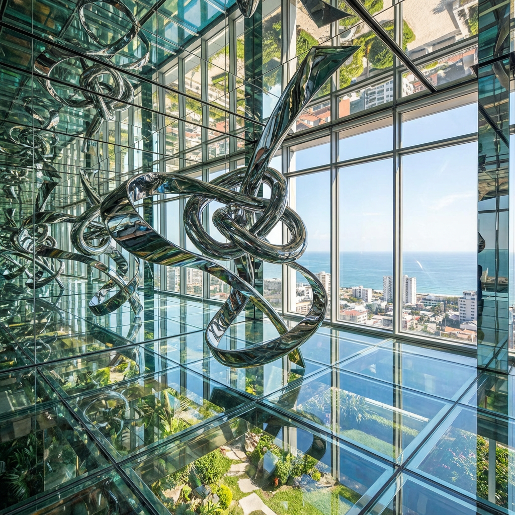 A chrome sculpture in a room with a glass floor and large wi