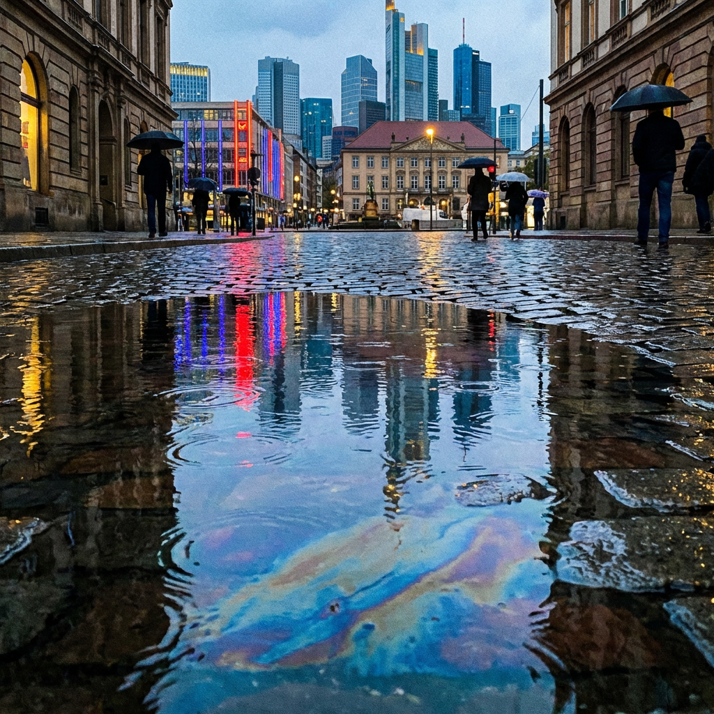 A city skyline reflected in a rain puddle on a street, with 