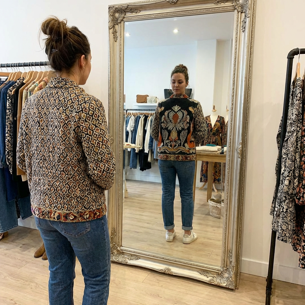 A woman standing in front of a full-length mirror, her refle