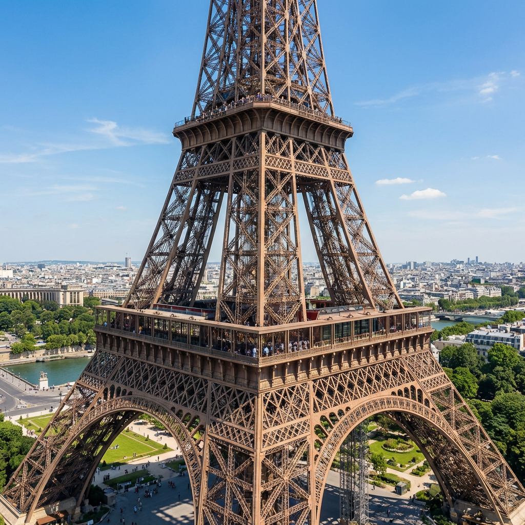 The Eiffel Tower in Paris on a clear day, architecturally ac