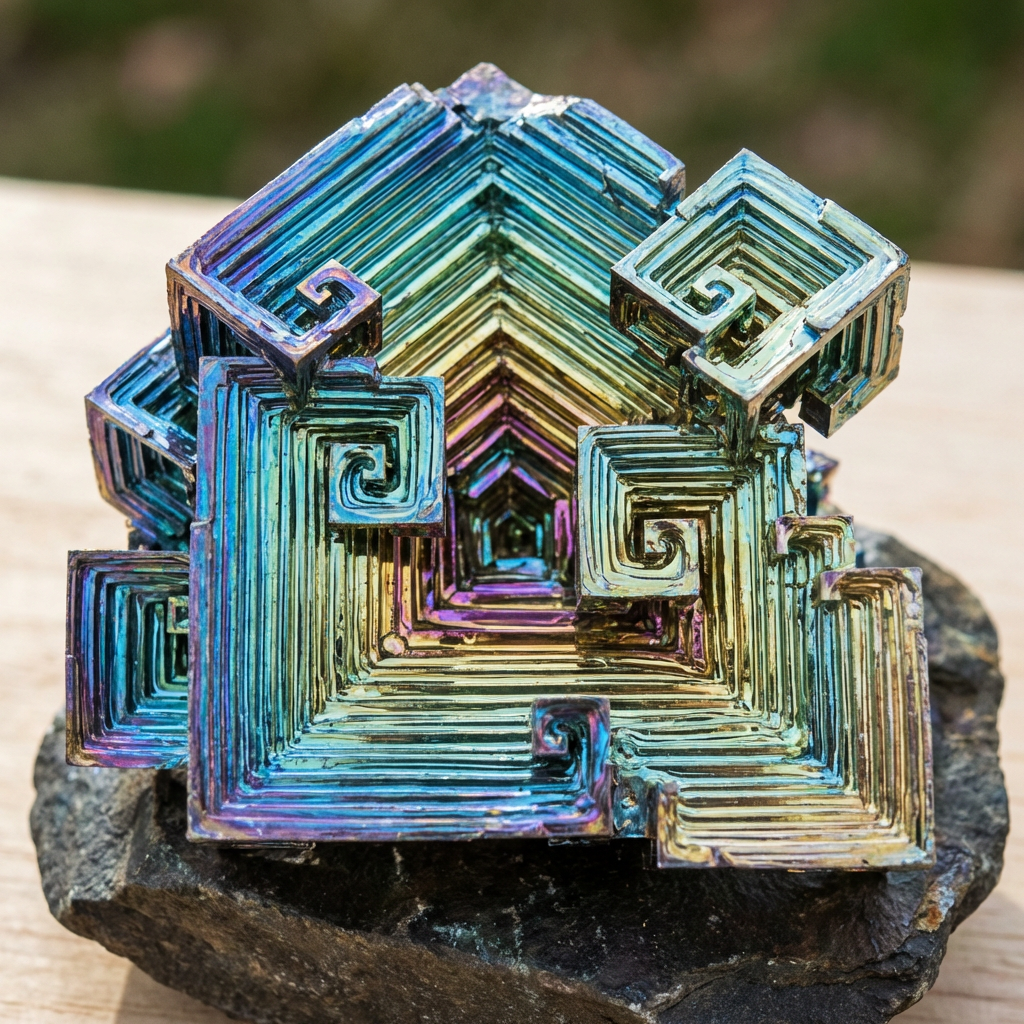 A specimen of bismuth crystal showing accurate iridescent ox