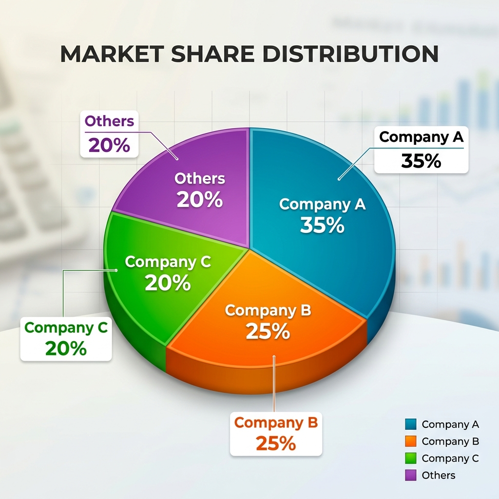 A pie chart showing market share: Company A 35%, Company B 2
