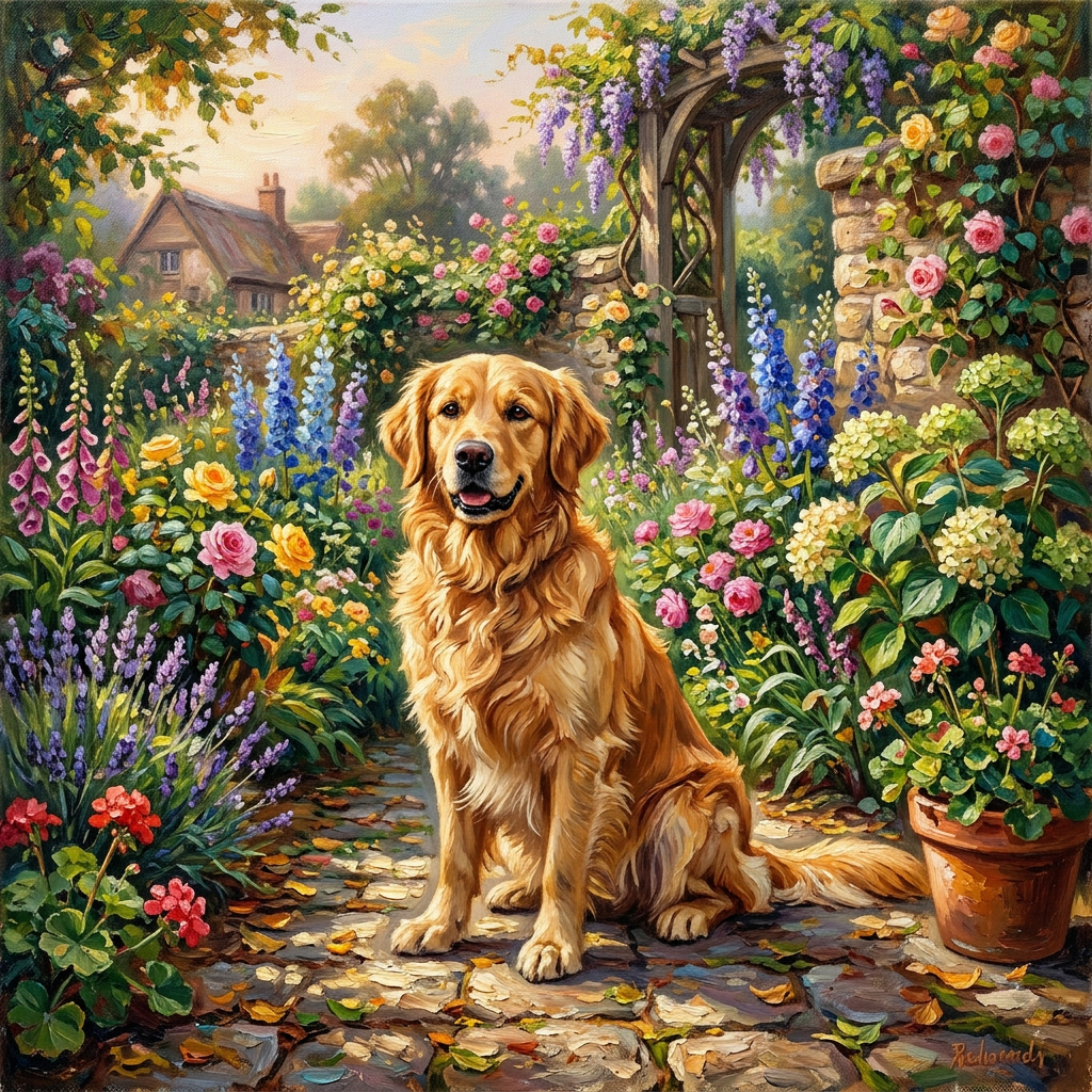 A golden retriever sitting in a garden, painted in the style