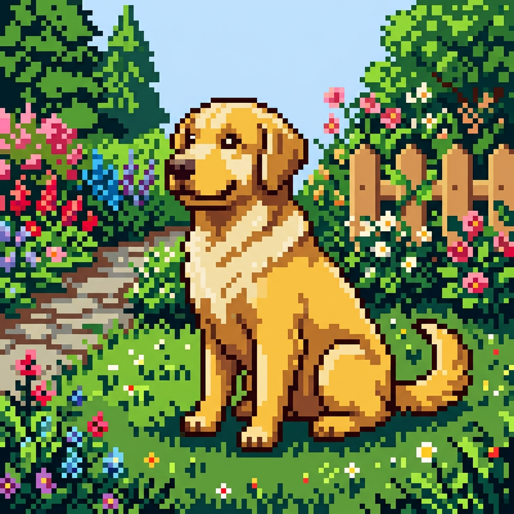 A golden retriever sitting in a garden, rendered in pixel ar