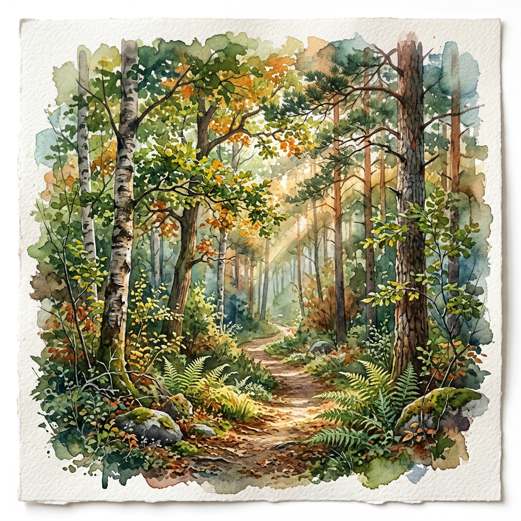 A forest rendered in photorealistic watercolor — the detail 