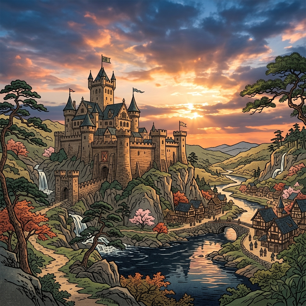 A medieval castle depicted in Japanese ukiyo-e woodblock pri