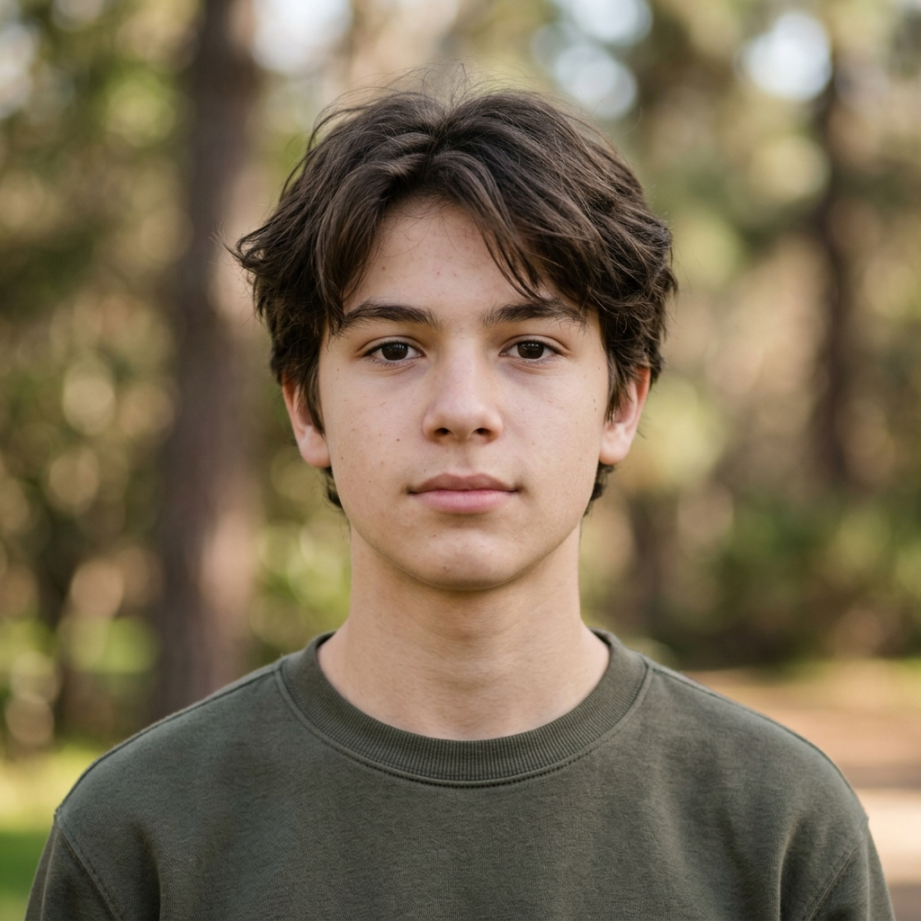A headshot of a teenager with a relaxed, neutral face