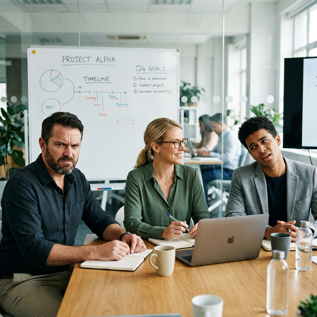 Three coworkers in a meeting: one looking frustrated with fu