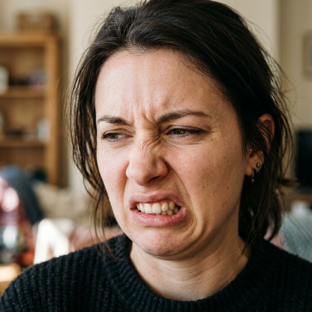A close-up of a person's face showing clear disgust, nose wr