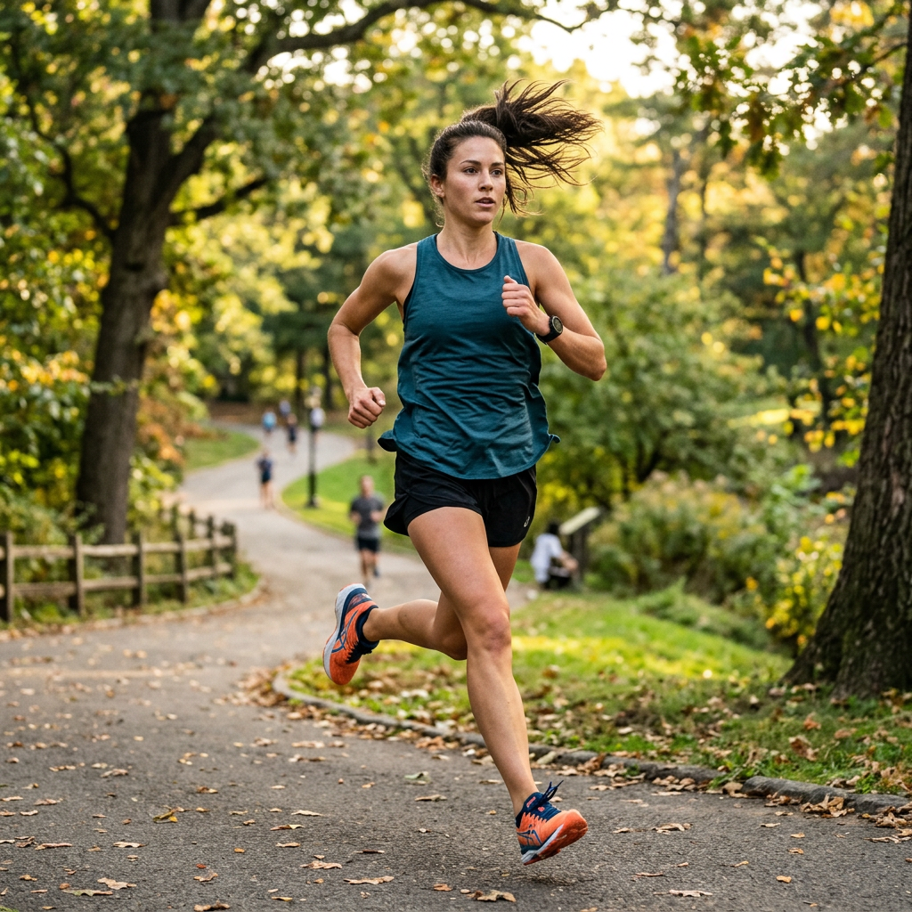 A woman mid-stride running through a park, hair and clothes 