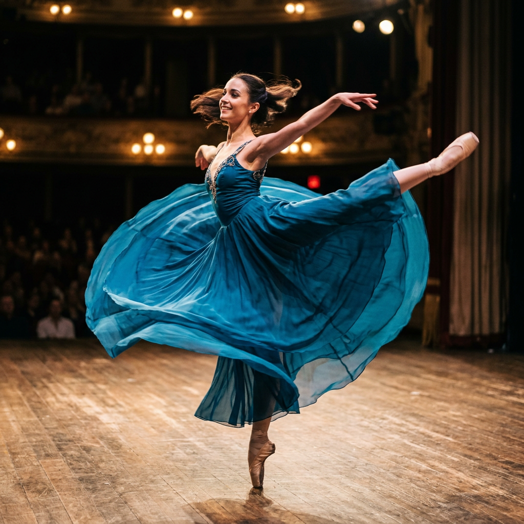 A dancer in a dynamic spin, dress flowing outward with one l