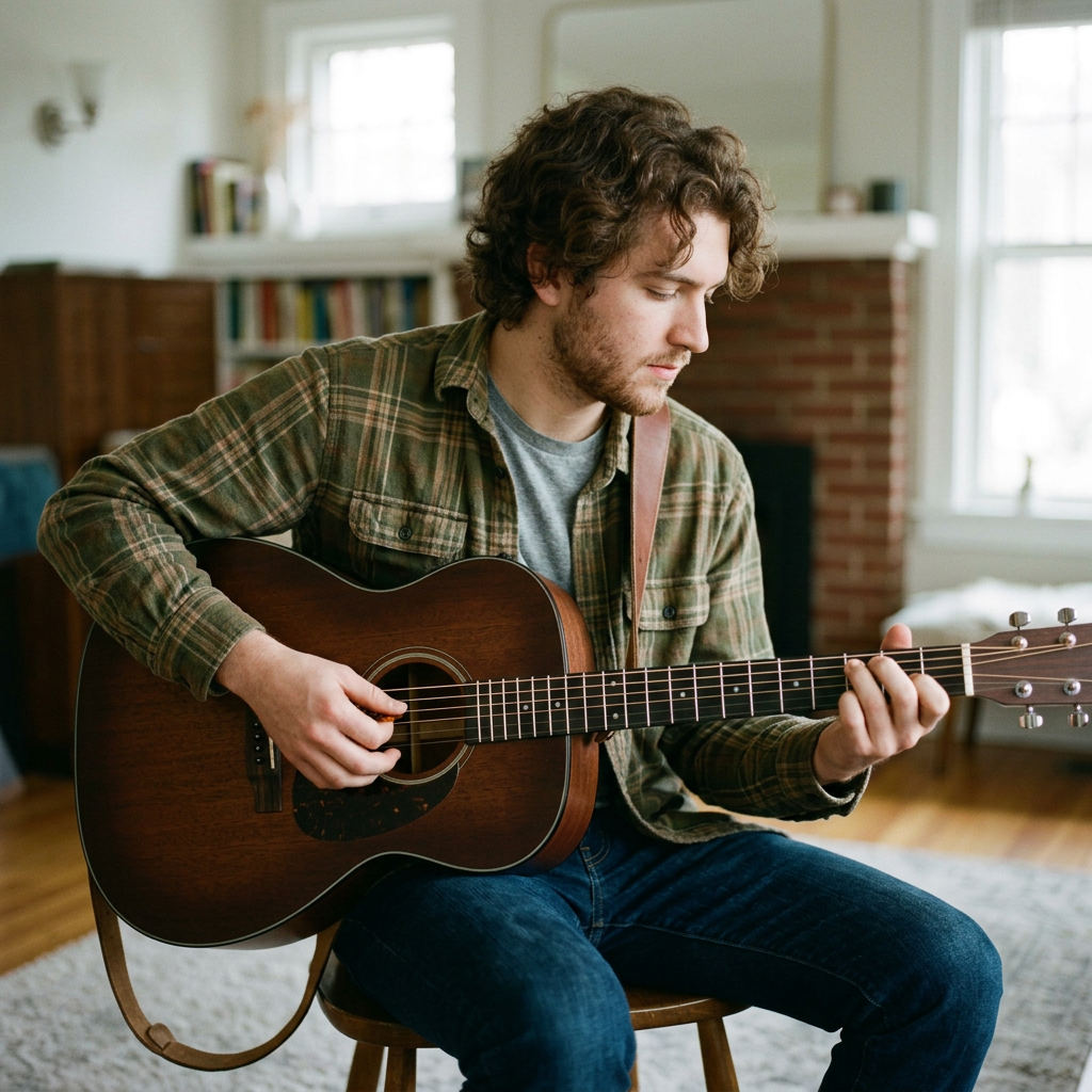 A person playing an acoustic guitar with left hand on the fr