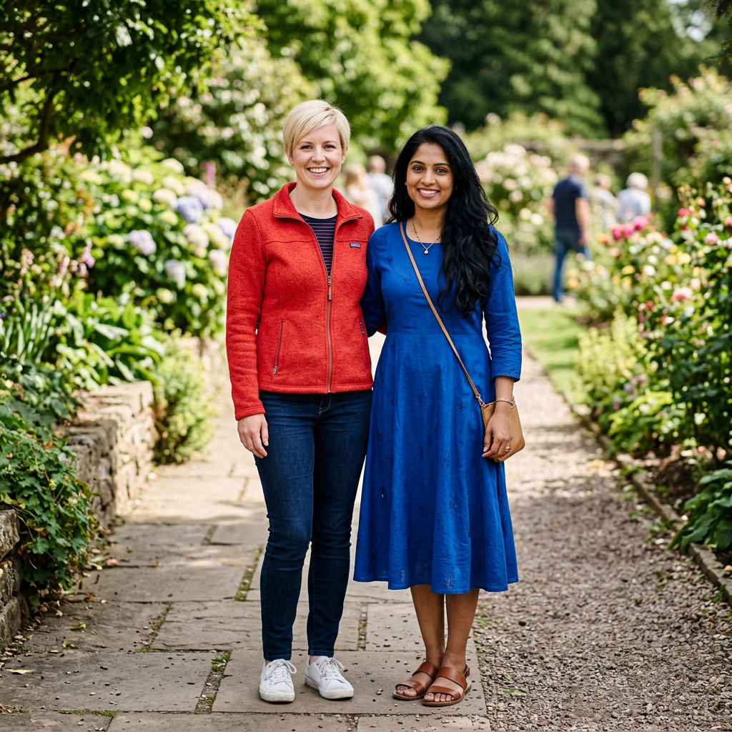 Two women standing side by side: one with short blonde hair 