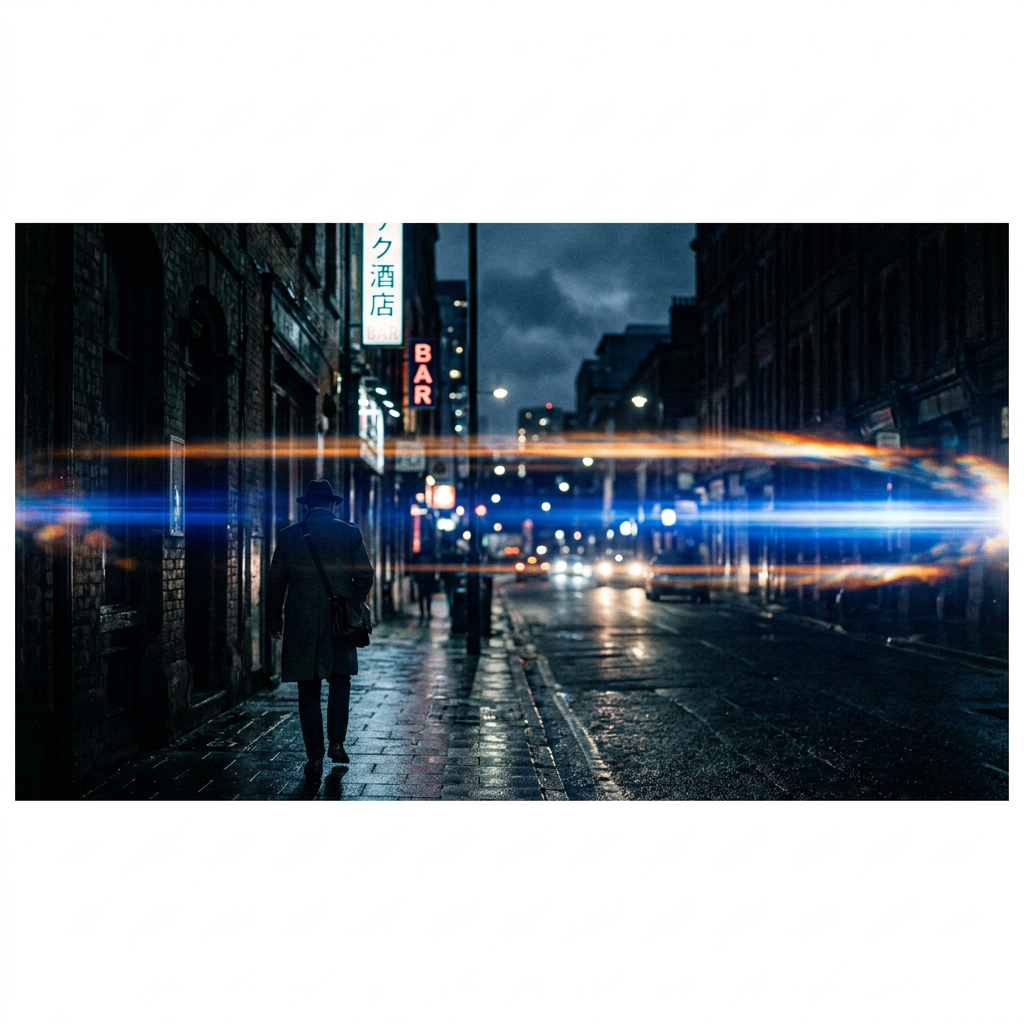 A cinematic frame with blue and orange anamorphic lens flare