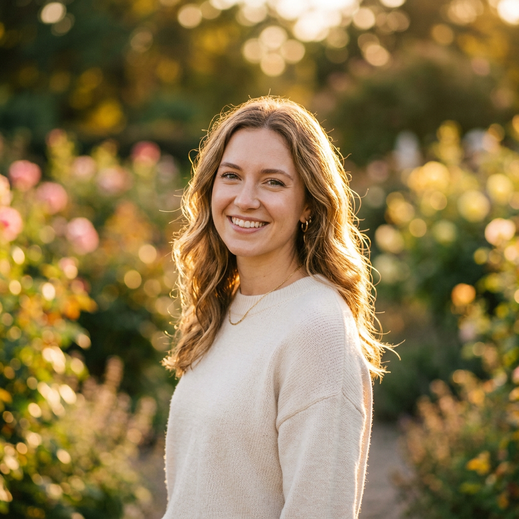 A portrait shot at 85mm f/1.4 with creamy bokeh background, 